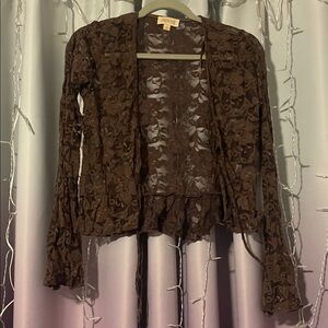 Brown Lace Open Front Cardigan
